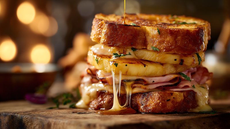 Juicy sandwich with ham and cheese on wooden table Free Premium Stock Photo - stock photo