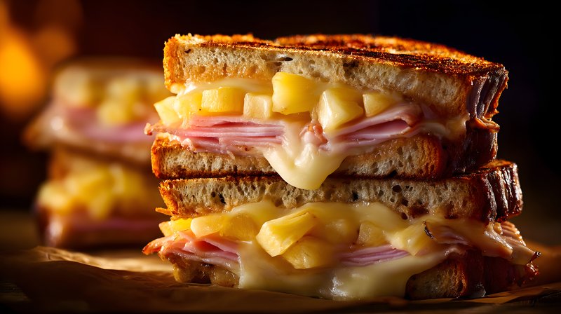 Grilled sandwich with ham, cheese, and pineapple slice Free Premium Stock Photo - stock photo