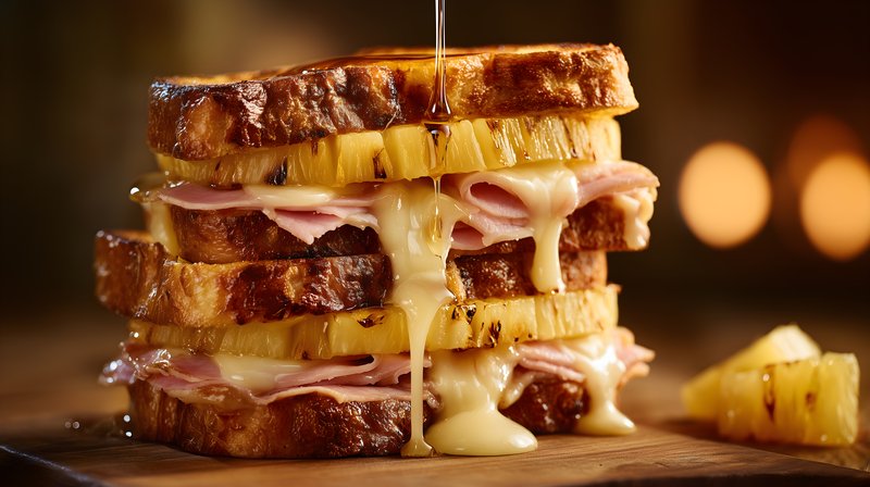 Grilled sandwich with cheese and pineapple on a wooden table Free Premium Stock Image - stock photo