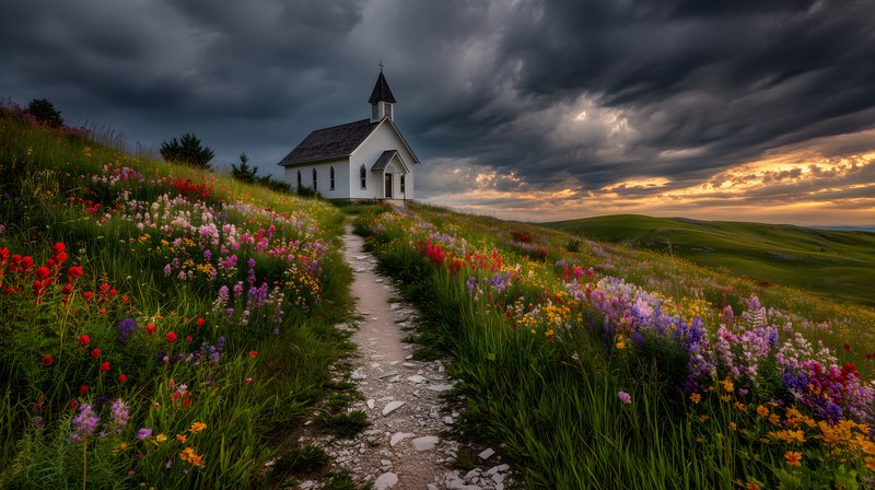 Flowers bloom near church on a cloudy evening Free Premium Stock Photo - stock photo