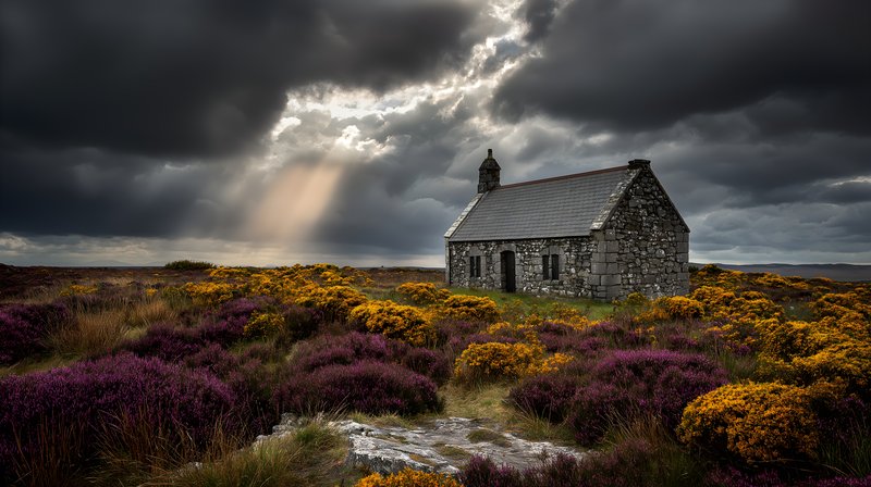 Old stone house stands among flowers under dark clouds Free Premium Stock Photo - stock photo