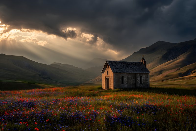 Old church stands in a field with flowers under dark clouds Free Premium Stock Image - stock photo
