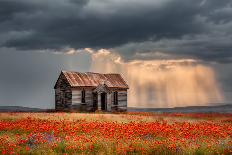 House in a field of poppies with clouds and rain in the distance Free Premium Stock Photo - stock photo