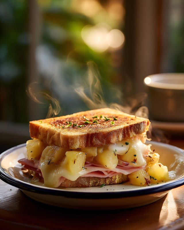 Warm sandwich with ham and pineapple in cozy setting Free Premium Stock Photo - stock photo
