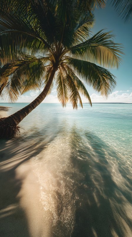 Palm tree stands by water under bright sky Free Premium Stock Image - stock photo