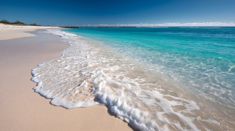 Waves roll onto sandy beach under clear blue sky Free Premium Stock Image - stock photo