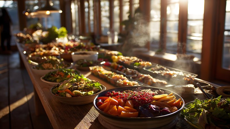 Buffet display with various food dishes and sunlight Free Premium Stock Image - stock photo