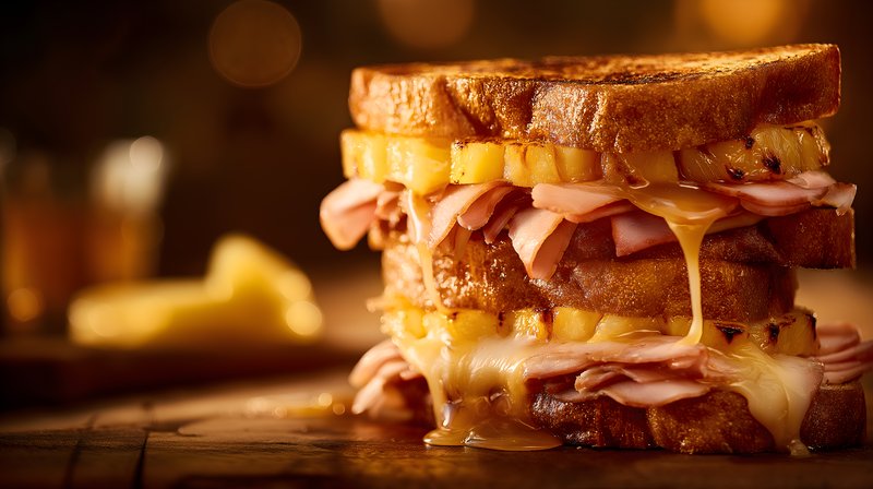 Melted cheese sandwich with ham and pineapple on wood table Free Premium Stock Photo - stock photo