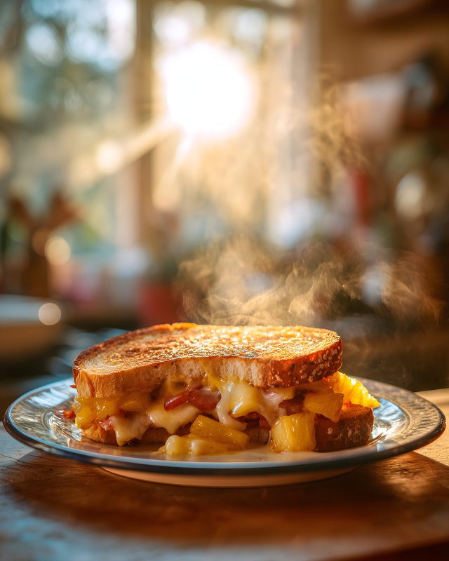 Warm sandwich with melted cheese on a sunny kitchen table Free Premium Stock Image - stock photo