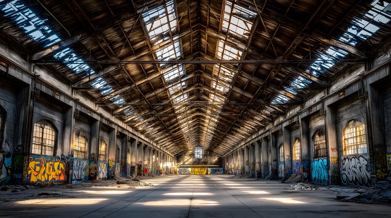 Urban exploration in an abandoned warehouse with graffiti Free Premium Stock Image - stock photo