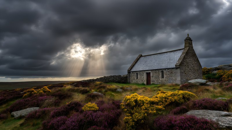 Clouds gather above a stone building in a rural setting Free Premium Stock Image - stock photo