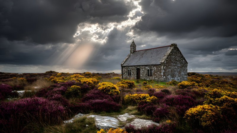 Church stands alone in a field under cloudy sky Free Premium Stock Image - stock photo