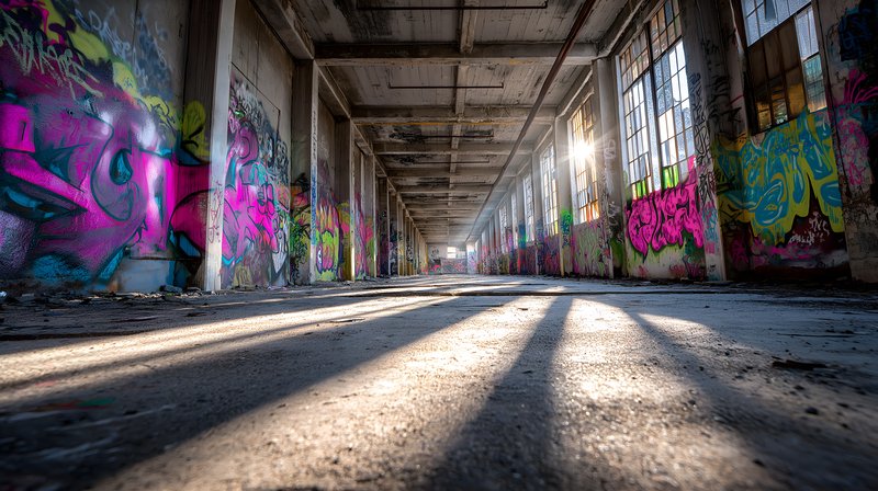 Urban setting with graffiti in a deserted building at sunset Free Premium Stock Image - stock photo