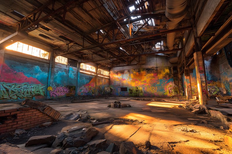Urban space shows art on walls with sunlight and debris inside Free Premium Stock Image - stock photo