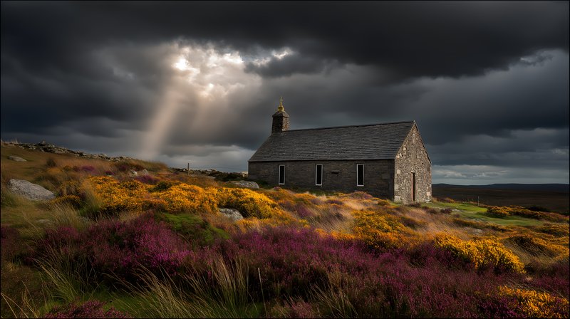 Sun rays shine over a stone church in a rural landscape Free Premium Stock Photo - stock photo