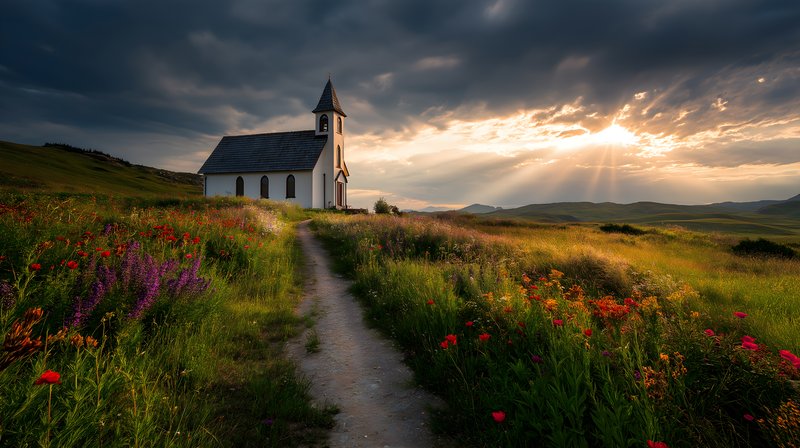 Small church stands in a field under cloudy sky Free Premium Stock Image - stock photo