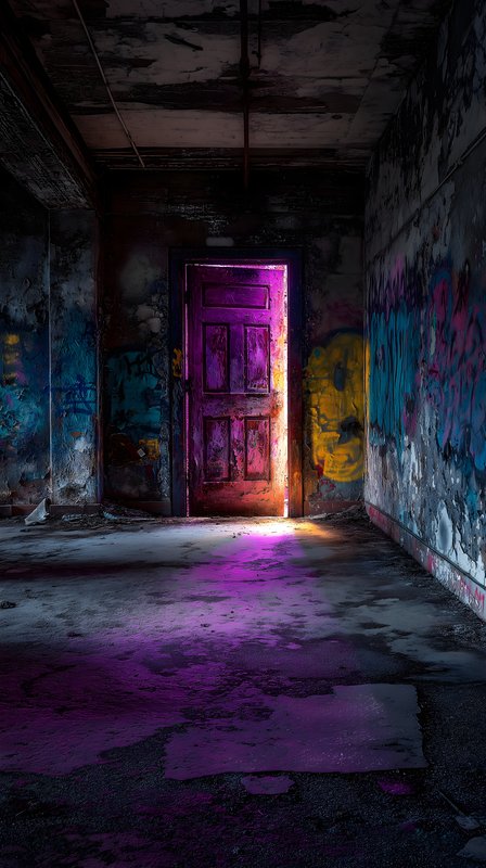 Colorful light shines through the open door in an old building Free Premium Stock Image - stock photo