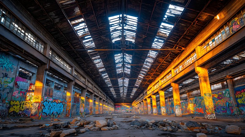 Urban exploration in a large graffiti-covered warehouse Free Premium Stock Image - stock photo