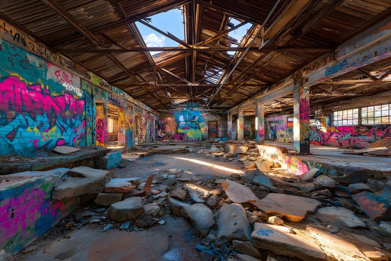 Explore an abandoned site with colorful graffiti and wreckage Free Premium Stock Image - stock photo