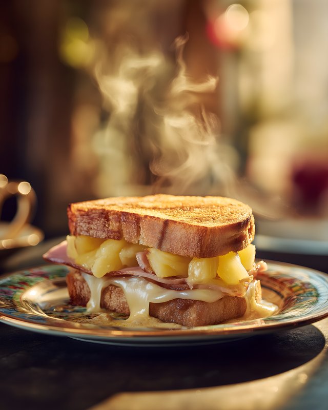 Warm sandwich with cheese and pineapple on a plate Free Premium Stock Photo - stock photo