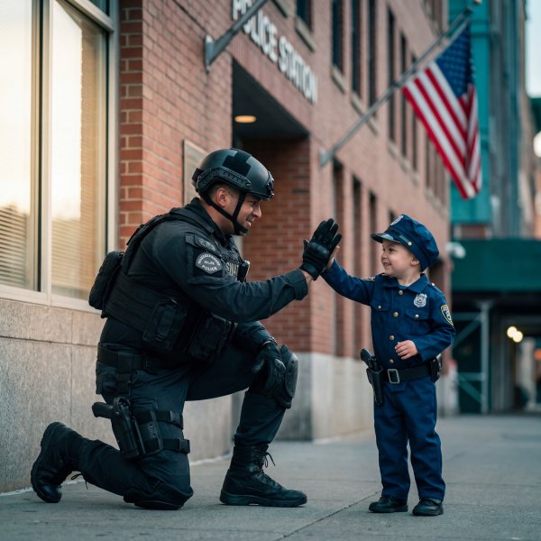 Police officer and child share a moment outside station - stock photo