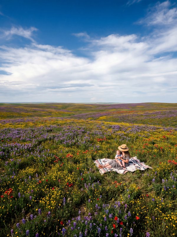 Woman sits on blanket in flower field during daytime hours - stock photo