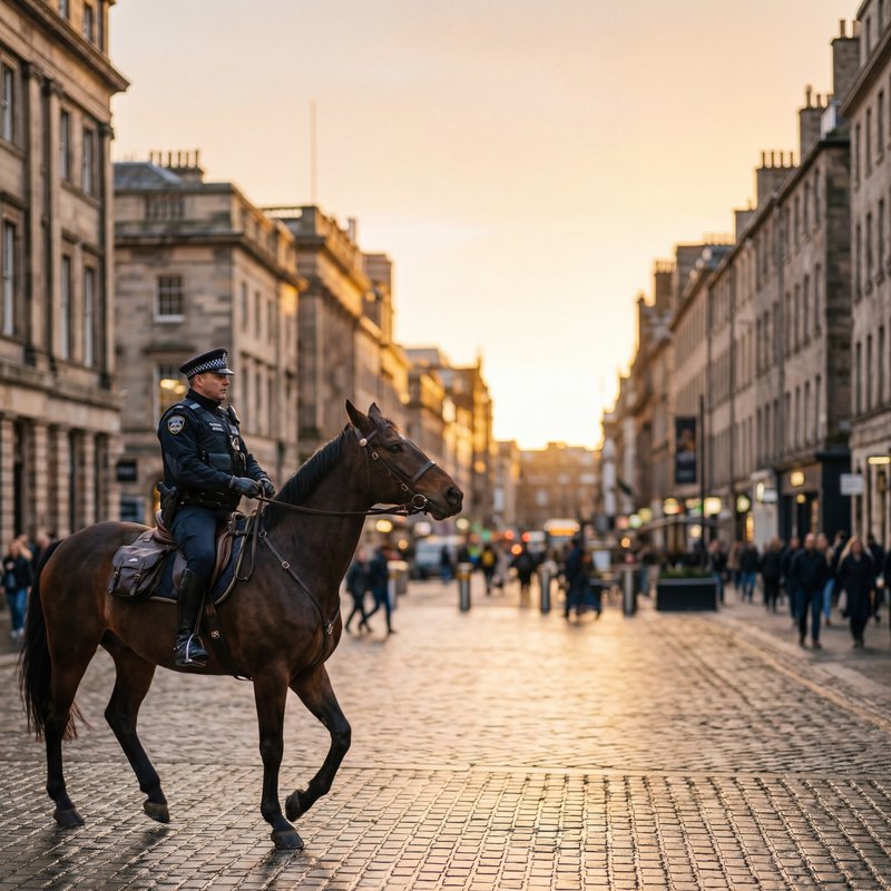 Mounted police officer patrols city street during sunset Premium Stock Image - stock photo