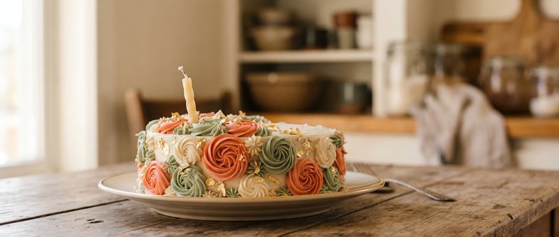 Birthday cake on a wooden table with a candle Premium Stock Photo - stock photo