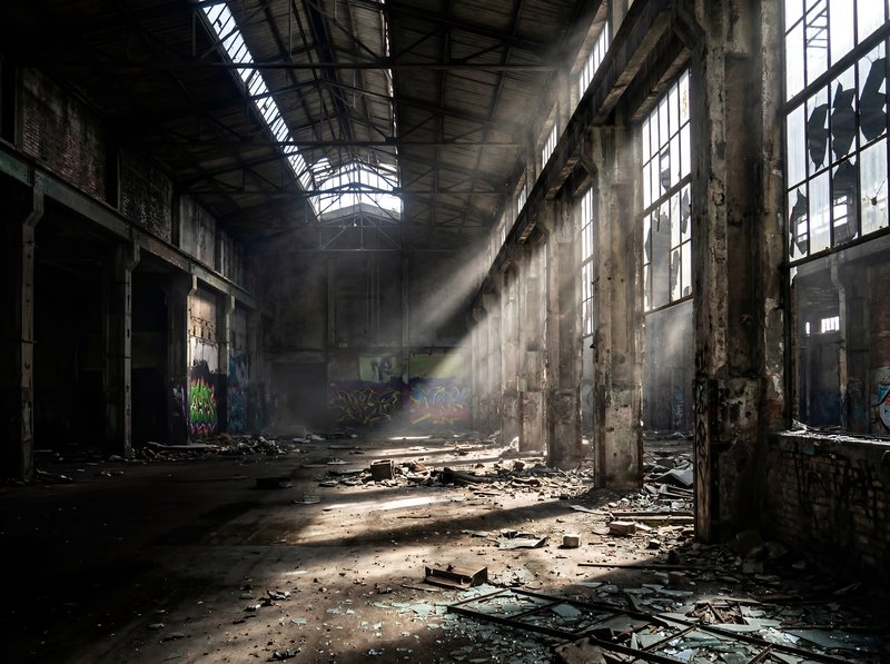 Old warehouse in disrepair with sunlight shining inside Premium Stock Image - stock photo