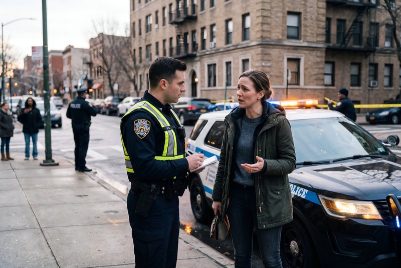 Police officer takes statement from woman in urban setting Premium Stock Image - stock photo