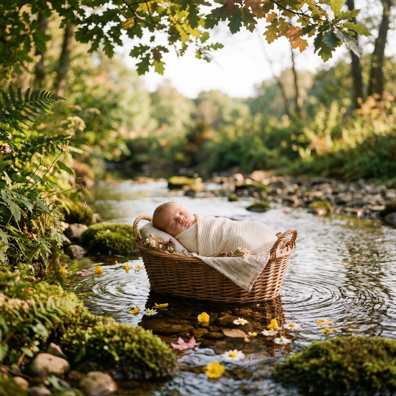 Baby sleeps in a basket on a stream surrounded by nature Premium Stock Image - stock photo