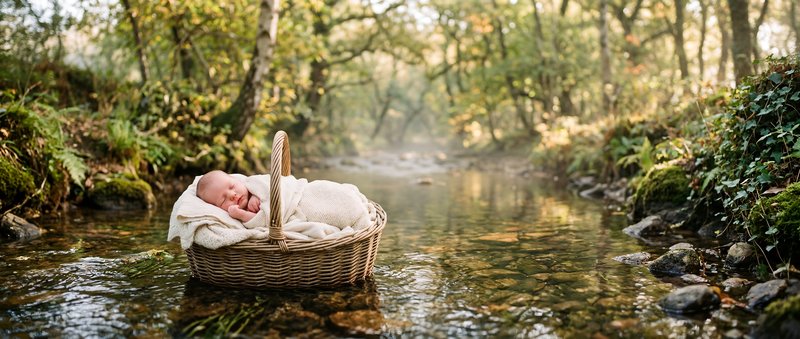 Baby in a basket floats on a stream surrounded by trees Premium Stock Image - stock photo