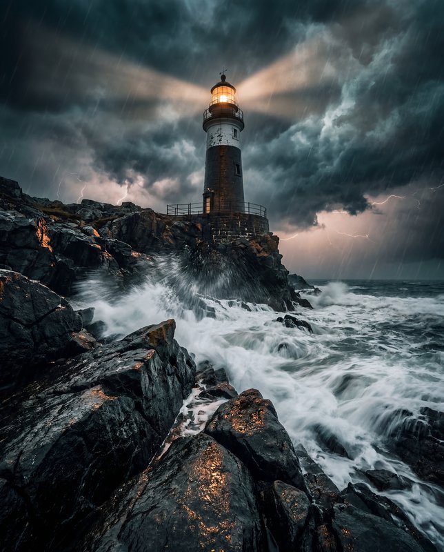Lighthouse shines bright during stormy weather in the ocean Premium Stock Image - stock photo