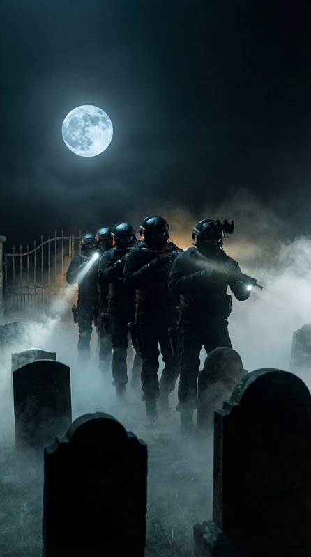SWAT team moves through a graveyard at night under full moon Premium Stock Image - stock photo