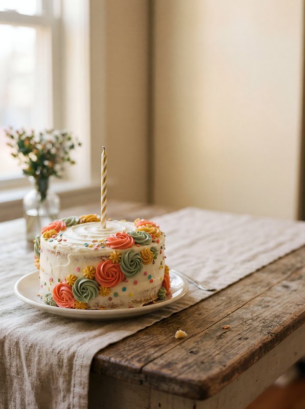 Celebration cake on table with flowers in the background Premium Stock Photo - stock photo