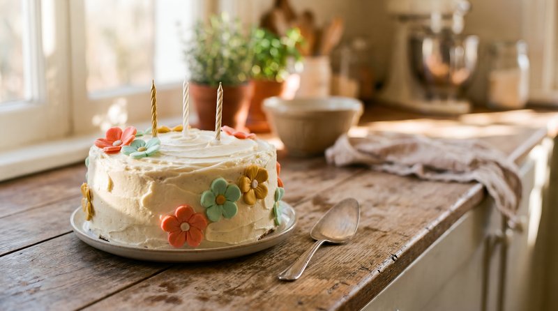 Cake with candles on a wooden table in a kitchen Premium Stock Image - stock photo