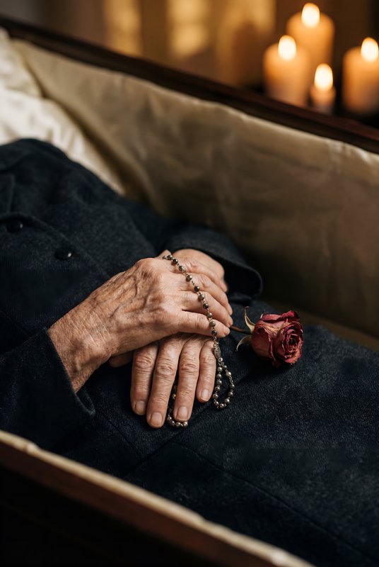 Hands resting peacefully with a rose in a coffin Premium Stock Image - stock photo