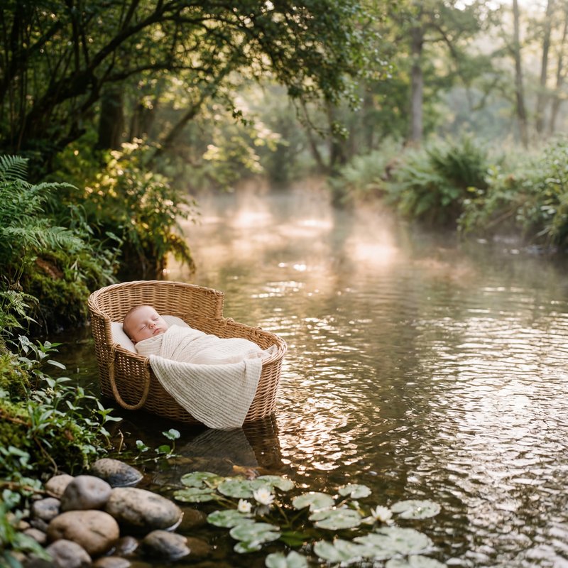 Baby sleeps quietly in a basket by the water in the morning Premium Stock Photo - stock photo