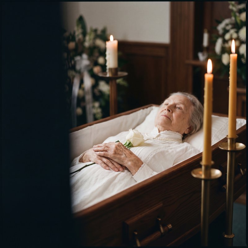 Elderly woman lying in a casket surrounded by candles Premium Stock Photo - stock photo