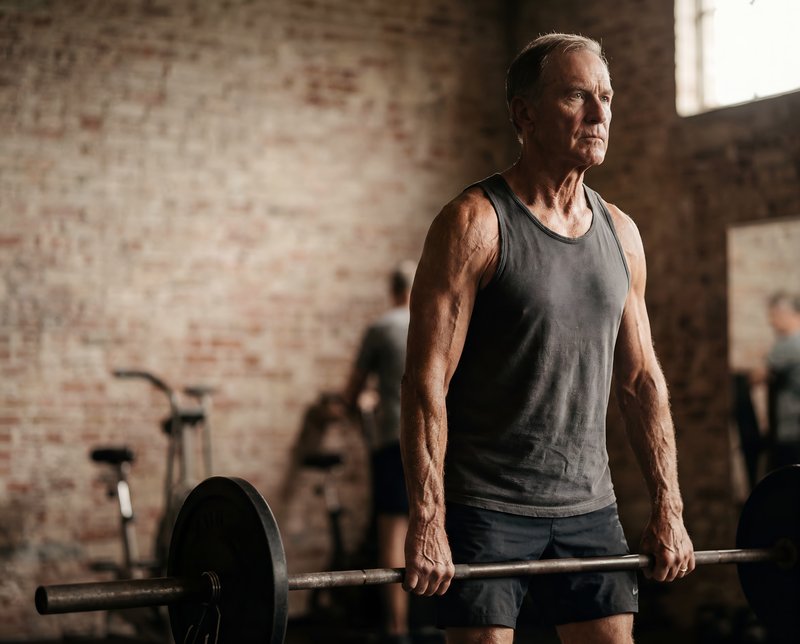 Senior man lifts weights in gym during training session Premium Stock Image - stock photo