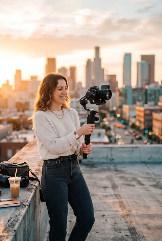 Woman with camera and gimbal captures sunset in city Premium Stock Photo - stock photo