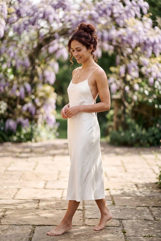 Woman walks barefoot on path under blooming flowers Premium Stock Photo - stock photo