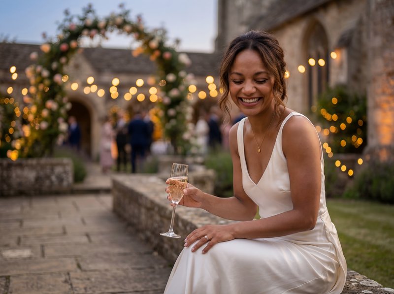Woman enjoys drink at outdoor wedding celebration in garden Premium Stock Image - stock photo