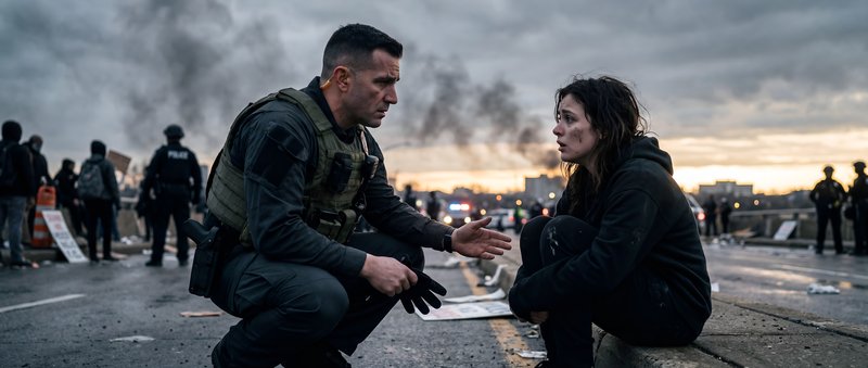 Man talks to woman during protest at sunset Premium Stock Image - stock photo