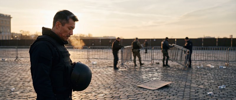 Security forces monitor activity at a protest in the city Premium Stock Photo - stock photo