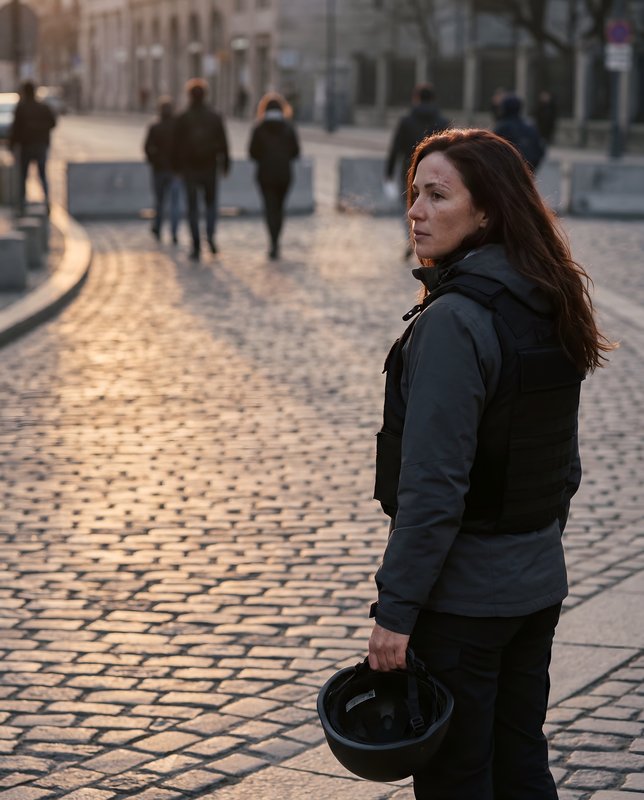 Woman in black vest walks on cobblestone street at sunset Premium Stock Photo - stock photo