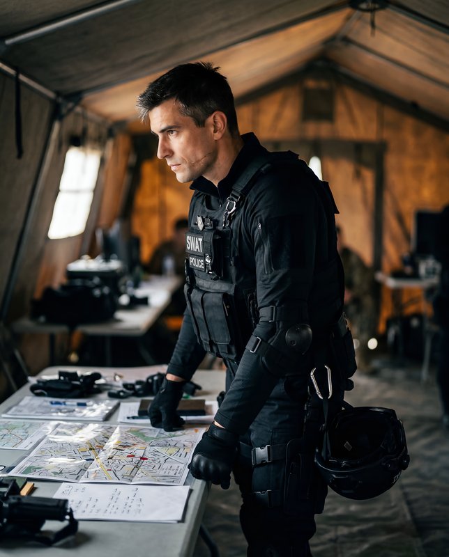 SWAT officer studies map and plans operation in field tent Premium Stock Image - stock photo