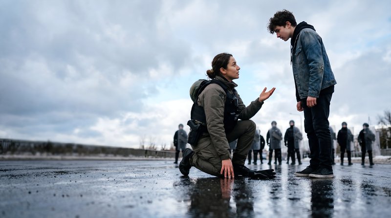 Conflict on a rainy road with figures in the background Premium Stock Image - stock photo
