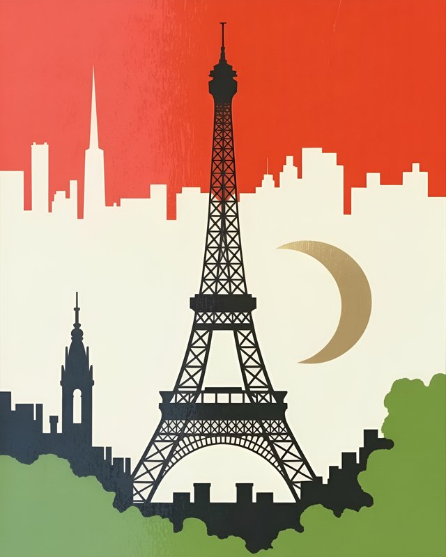 Eiffel Tower and city skyline under a crescent moon Premium Stock Image - stock photo
