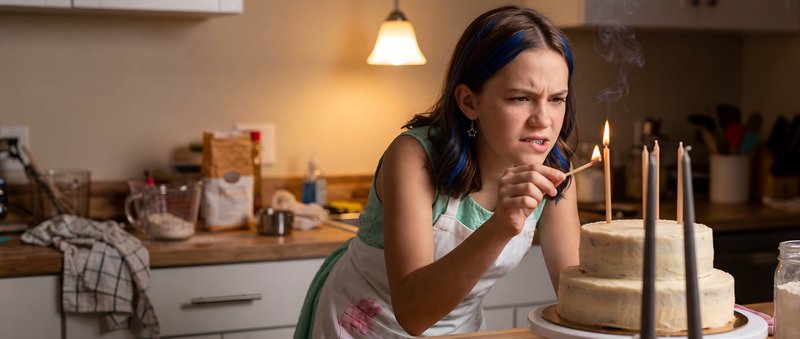 Girl lights candles on a cake in a kitchen at home Premium Stock Photo - stock photo